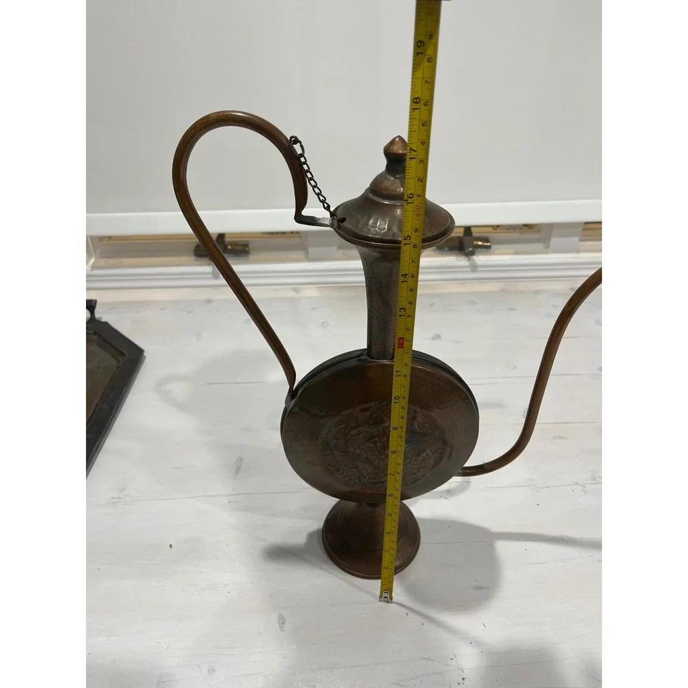 Vintage Copper Metal Water Pitcher Ewer‎ Embossed Figural Scene Spout Handle